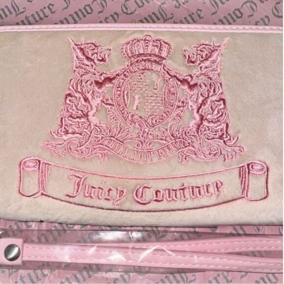 Juicy Couture Pink Beige Twig Dogs Embroidered Velour Wallet Wristlet Clutch Bag - Picture 3 of 12